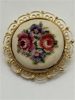 1950's Gold Tone Filigree Embroidered Brooch