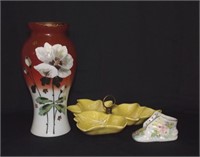 MCM YELLOW CANDY DISH, VASE AND PORCELAIN SHOE