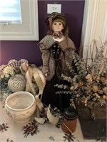 Standing Porcelain doll and dried flowers + more