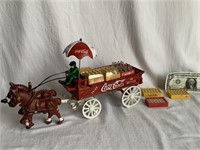 Cast Iron Coca Cola 2 Horse Drawn Wagon w Crates