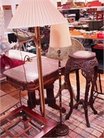 Two metal floor lamps: a bridge style, 51" high;