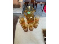 Orleans Amber Pitcher & 6 Glasses