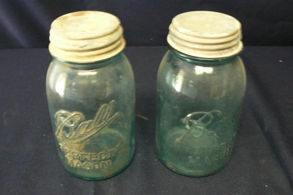 TWO ANTIQUE GREEN BLUE MASON JARS