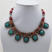 Tibet Hand Made Natural Turquoise & Coral Necklace