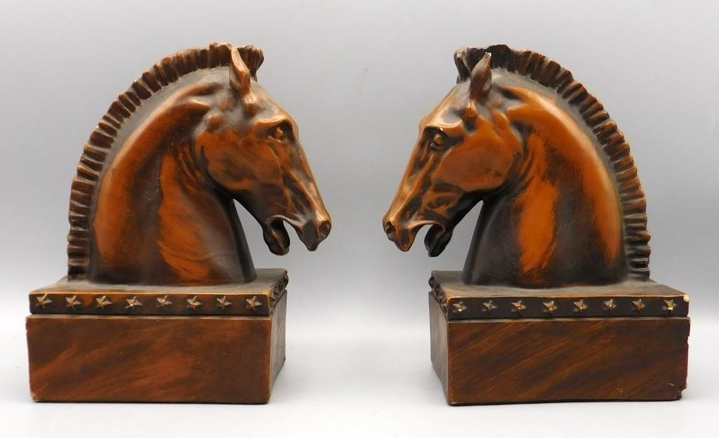 Bronzed Chalkware Horse Head Bookends