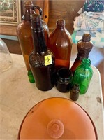 vtg colored glass bottles & tortilla warmers