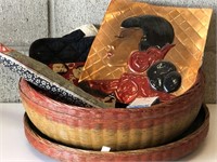 Misc. Asian Items-Basket, Stamps, Linens
