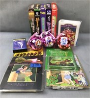 Disney princess ornaments, vhs tapes and other