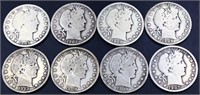 Lot of 8 barber half dollars