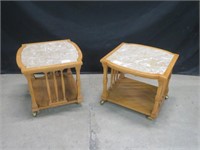 PAIR OAK MARBLETOP END TABLES