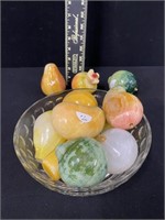 Group of Heavy Glass Fruit in Bowl