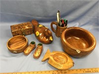 Wood decoy, wood bowl, box and 2 pairs of high hee