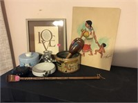 Pictures, tin, back scratcher and more