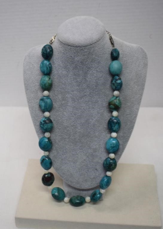 Sterling Clasp/Turquoise & White Bead Necklace