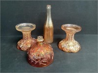 Vintage Carnival Glass Bottle,Lid & Stands