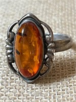 Sterling Silver & Amber Ring Sz 8
