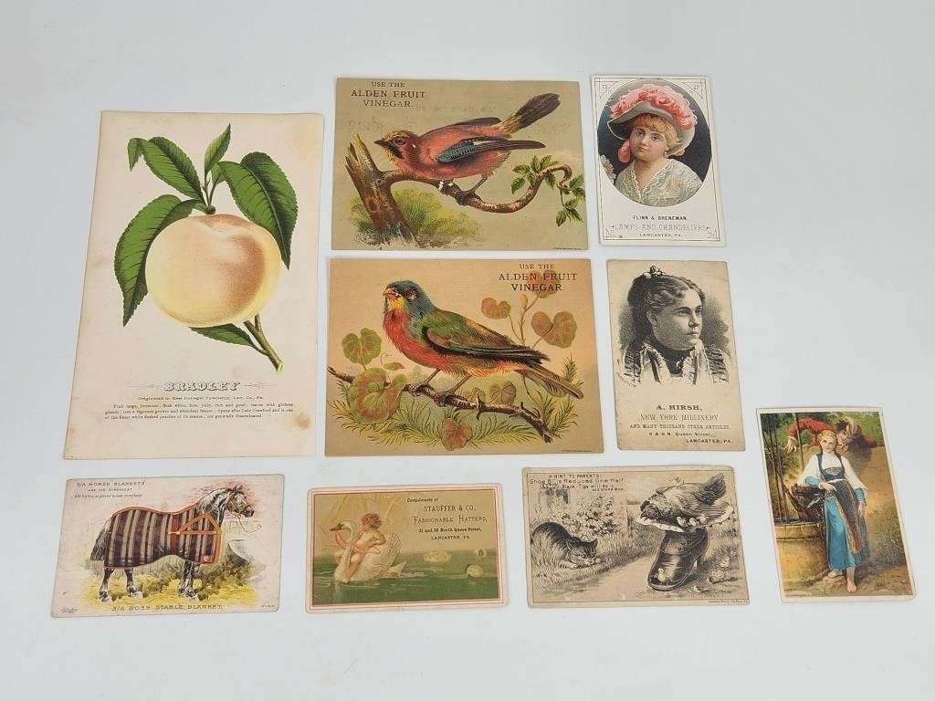 9) ANTIQUE ADVERTISING TRADE CARDS - LANCASTER PA