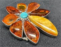 Sterling Silver Amber & Turquoise Brooch/Pendant
