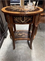 Vintage Mixed Wood Inlay Side Table with Brass