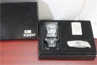 A Harley Davidson Zippo Lighter/Holder/Knife Set