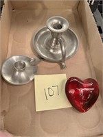 PEWTER CANDLESTICK HOLDERS AND GLASS HEART