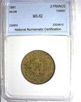 1941 2 Francs NNC MS62 Tunsia