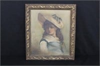 19th Century OOC Girl w/ hat in gilt frame