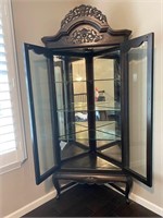 Ornate Glass & Wood Curio Corner Cabinet