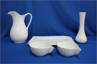 White glass lot, 10.5" pitcher, 14" tray, two