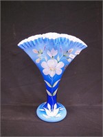 12 1/4" blue and white cased Fenton fan vase,