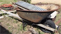 Wheel barrel, old tractor seat, tarp & roller