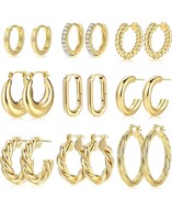 ( New ) 9 Pairs Gold Hoop Earrings for Women, 14K