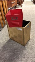 METAL WOVEN-LOOK TRASH CAN AND SMALL RED STORAGE