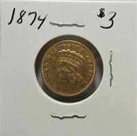 1874 $3 gold Indian