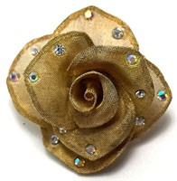 Gold Metallic Rhinestone Flower Brooch