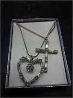 Two Crystal Necklaces Heart/Stone & Cross