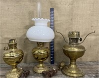 3 brass electrified oil lamps - one complete
