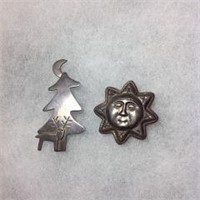 Sterling Broaches - Christmas Tree & Smiling Sun
