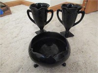 Black Amethyst Glass Goblets & Footed Bowl