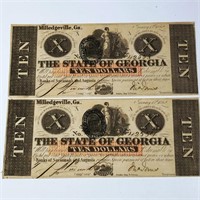 (2) 1862 $10 State Of Georgia Bill UNCIRCULATED