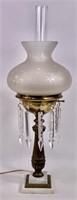 Astral lamp, brass stem, marble base, prisms,