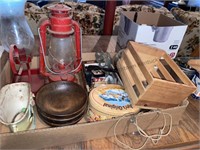 Oil lantern, candle lamp, wood bowls & small wood