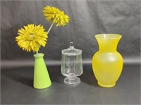 Yellow Vase, Green Vase and Clear Vase with Lid
