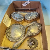 Silver Vanity Brushes & Mirror - marked Sterling