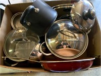 Box of Stainless Pots, Pans, Cookware