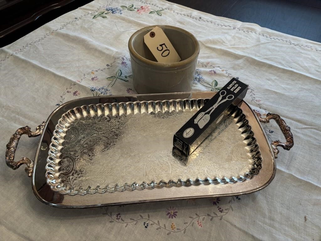 CROCK & SILVER PLATE TRAY