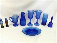 Blue glassware - bell, wine glasses, plate, &