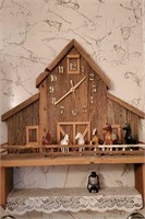 Barn wall clock with toy horses and lantern