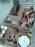 Wood shelves, clocks framed pictures