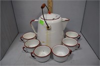 Red And White Enamel Ware Including Pale Handle Co